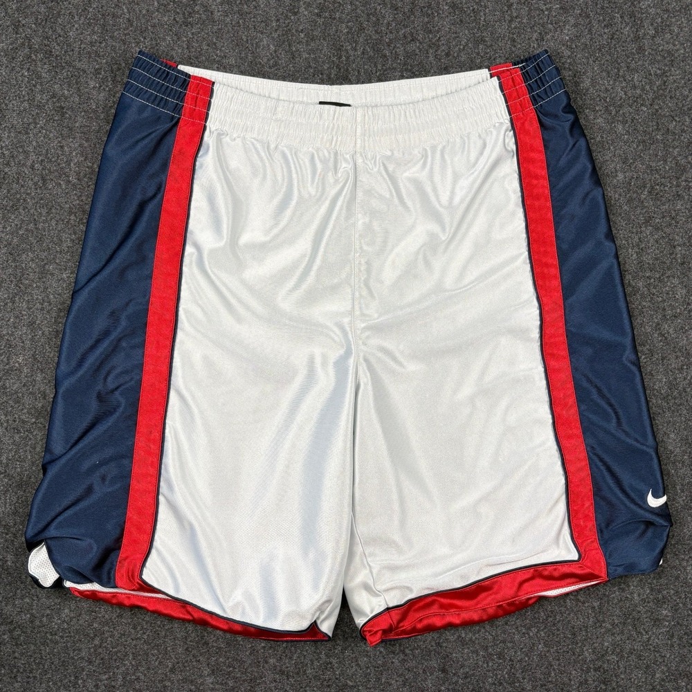 Y2K Nike Basketball Shorts Mens M White Navy Blue Red Shiny Dazzle Mesh Lined